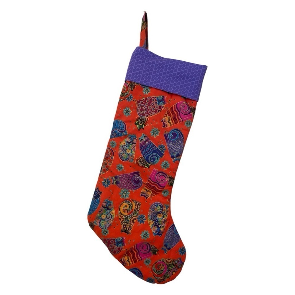 Handmade Laurel Burch Fabric Pattern Christmas Cat Stocking